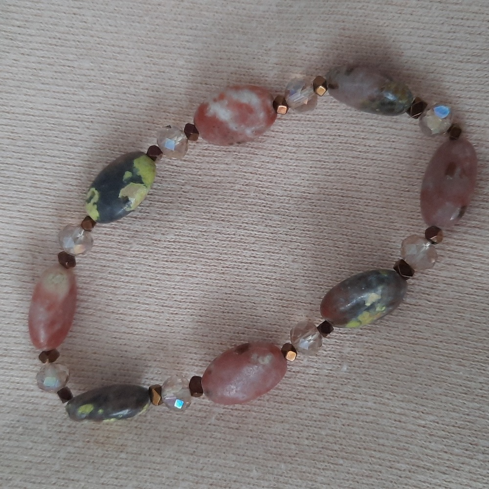 Boho Pink Gemstone & Crystal Beaded Stretch Bracelet-Artisan Handmade